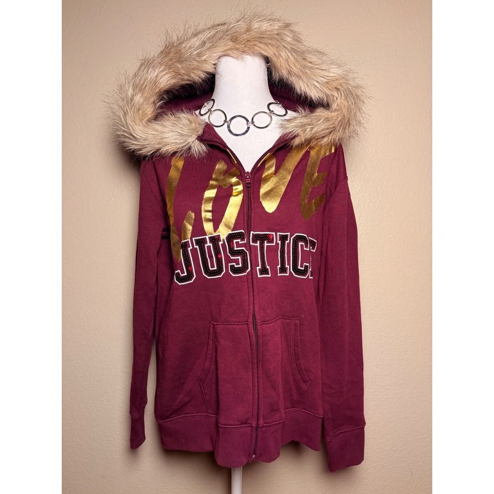 Y2K Justice Burgundy Faux Fur Trim Hooded Zip Up Sweatshirt Gold Love Graphic #9